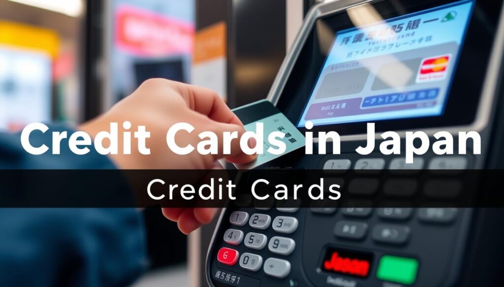 Person using a credit card at a payment terminal in Japan with credit cards in Japan text overlay
