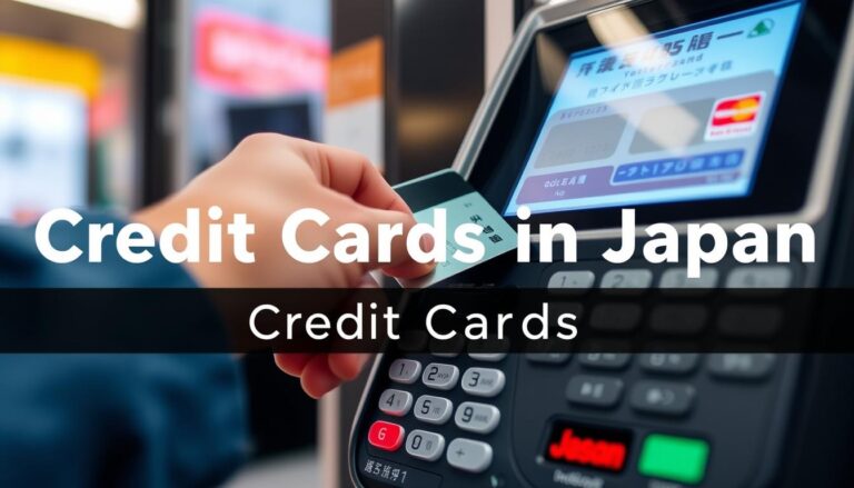 Person using a credit card at a payment terminal in Japan with credit cards in Japan text overlay