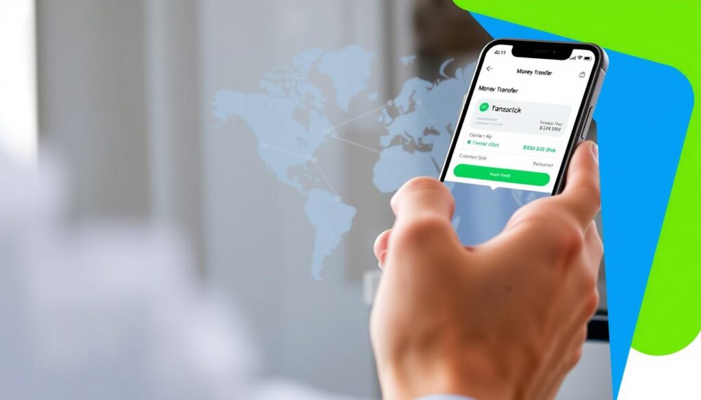 Person using a money transfer app on smartphone with global map in background