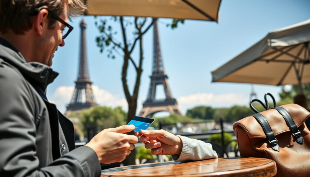 Person using international credit card with no foreign transaction fee at a European cafe