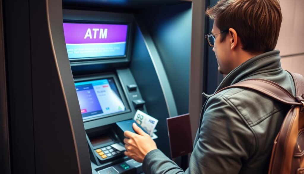 Person using international credit card with no foreign transaction fee at a foreign ATM