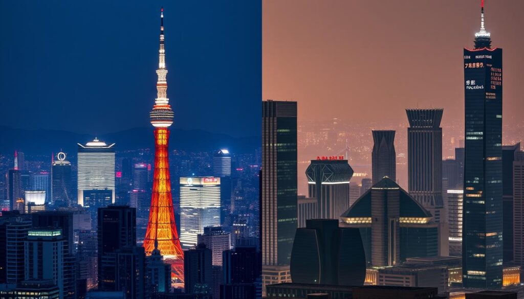 Tokyo and Shanghai financial districts representing the economic power behind the most common currency in Asia Tokyo and Shanghai financial districts representing the economic power behind the most common currency in Asia