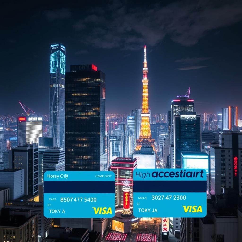 Tokyo cityscape with credit card symbols