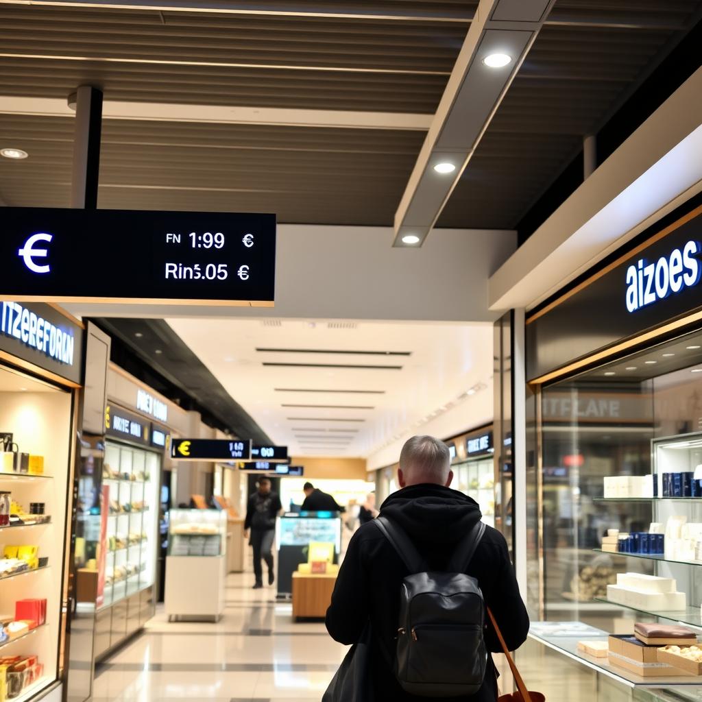 Tourist shopping at dutyfree store in European airport using US dollars Tourist shopping at duty free store in European airport using US dollars