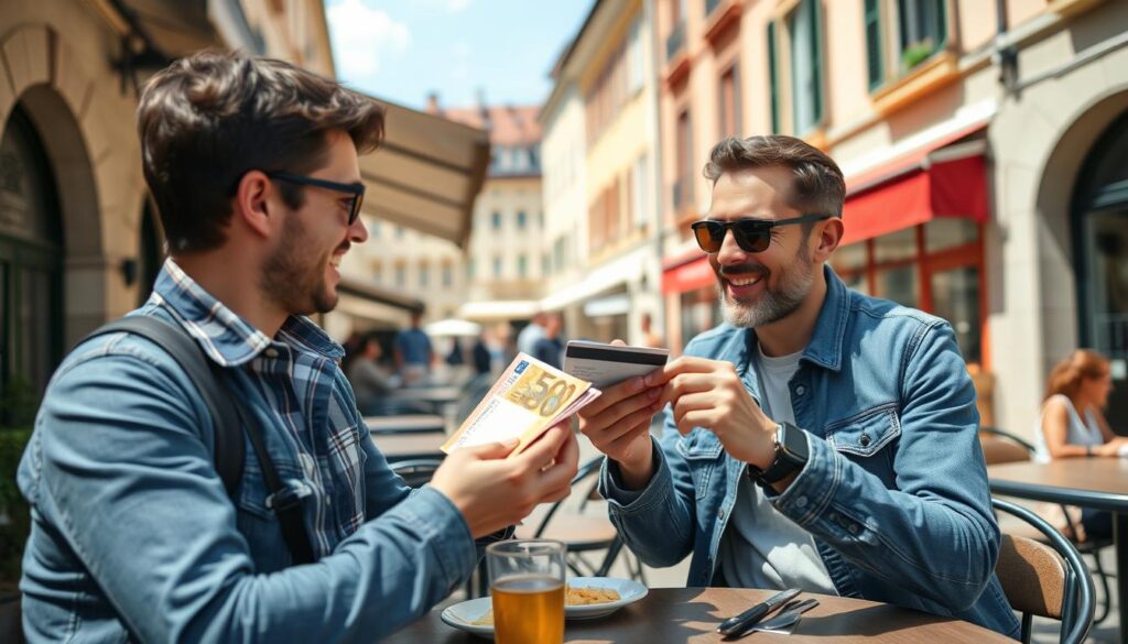 Tourist successfully using local currency and cards for European travel instead of US dollars Tourist successfully using local currency and cards for European travel instead of US dollars