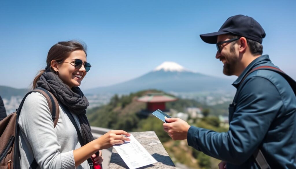Traveler successfully using credit card in Japan with Mount Fuji in background