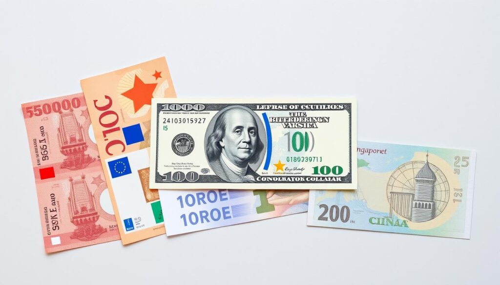 US Dollar and Euro notes alongside Asian currencies showing their role as reserve currencies in Asia US Dollar and Euro notes alongside Asian currencies showing their role as reserve currencies in Asia