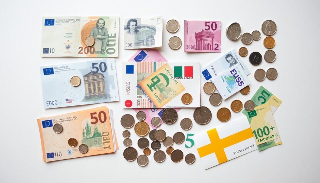 Various European currency notes and coins showing diversity of money used across Europe Various European currency notes and coins showing diversity of money used across Europe
