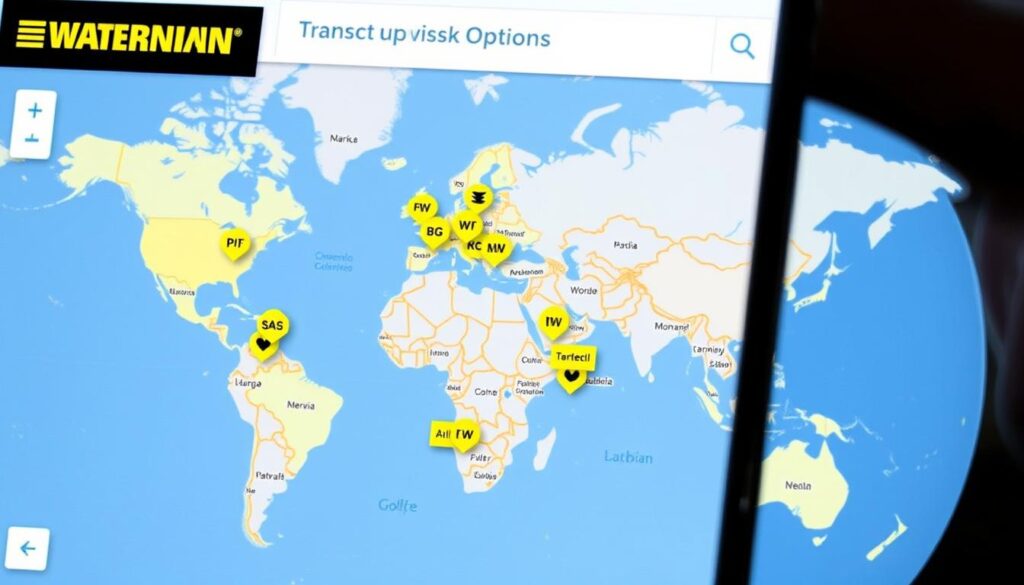 Western Union app showing cash pickup locations on a global map