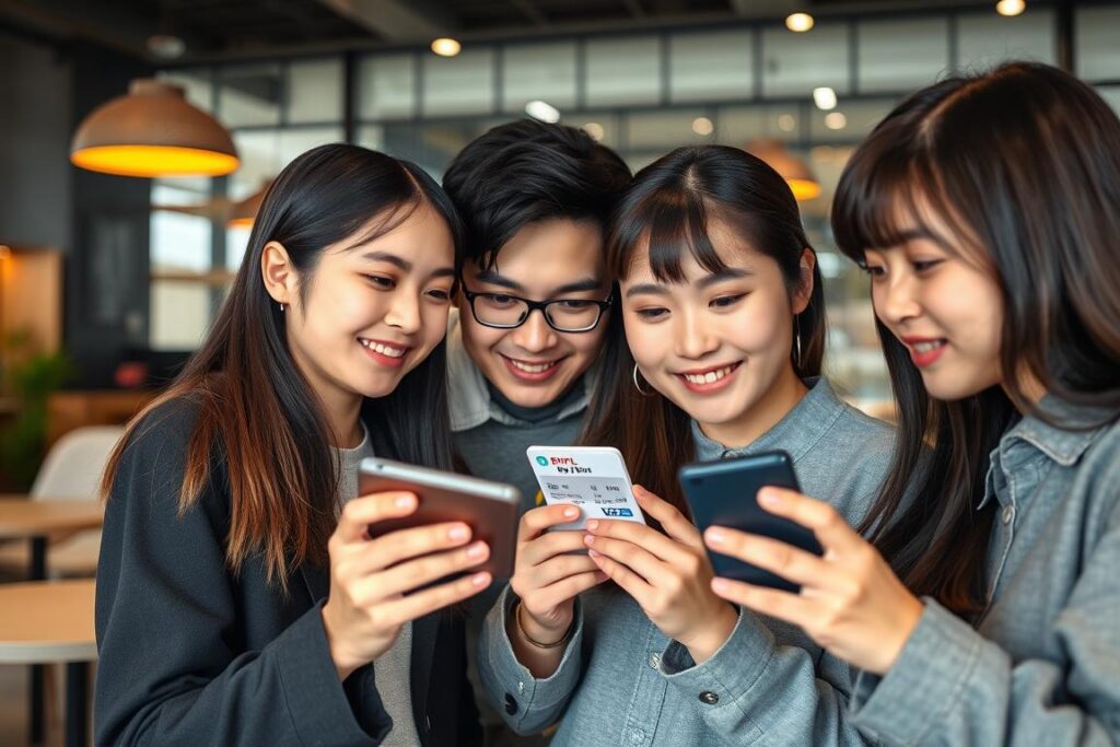Young Chinese consumers comparing credit card options on a mobile app showing BNPL features Young Chinese consumers comparing credit card options on a mobile app showing BNPL features