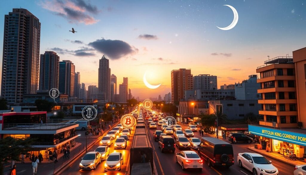 A bustling cityscape of Accra Ghana at dusk with towering skyscrapers and modern architecture bathed in warm golden light In the foreground a holographic display showcases various digital currency symbols such as the Cedi and Bitcoin floating and interacting with each other The midground features pedestrians vehicles and bustling street life all seemingly engaged with the digital currency technology In the background a serene night sky with twinkling stars and a crescent moon sets the scene for a vision of Ghanas digital currency future The image conveys a sense of technological progress financial innovation and the integration of digital finance into the everyday fabric of Ghanaian society