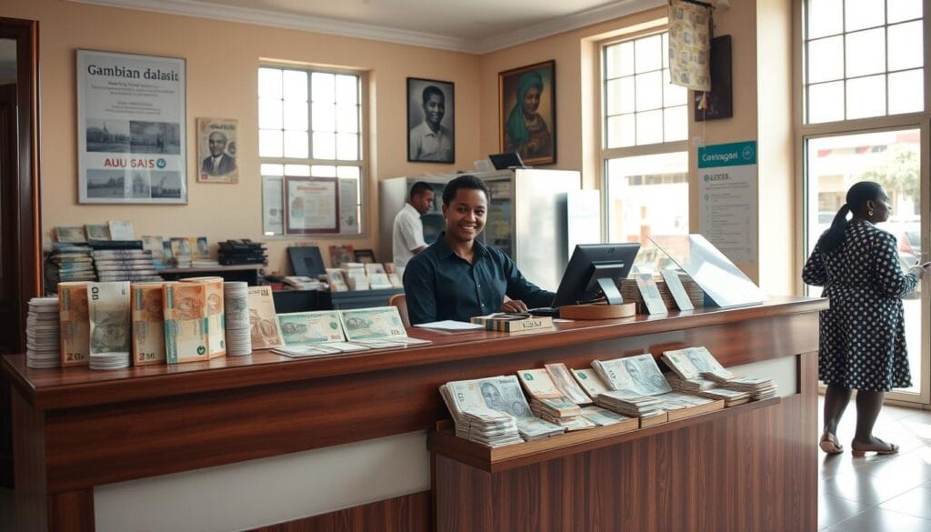 A bustling foreign exchange bureau in downtown Gambia with a warm inviting atmosphere The counter is adorned with various currencies including the Gambian dalasi displayed in an orderly fashion Behind the counter a friendly attendant is ready to assist customers providing a seamless currency exchange experience The bureau is welllit with natural light filtering in through large windows casting a soft glow on the scene The floor is tiled and the walls feature local artwork adding to the cultural ambiance The overall composition evokes a sense of professionalism and attention to detail perfectly capturing the essence of foreign exchange services in The Gambia A bustling foreign exchange bureau in downtown Gambia with a warm inviting atmosphere The counter is adorned with various currencies including the Gambian dalasi displayed in an orderly fashion Behind the counter a friendly attendant is ready to assist customers providing a seamless currency exchange experience The bureau is well lit with natural light filtering in through large windows casting a soft glow on the scene The floor is tiled and the walls feature local artwork adding to the cultural ambiance The overall composition evokes a sense of professionalism and attention to detail perfectly capturing the essence of foreign exchange services in The Gambia