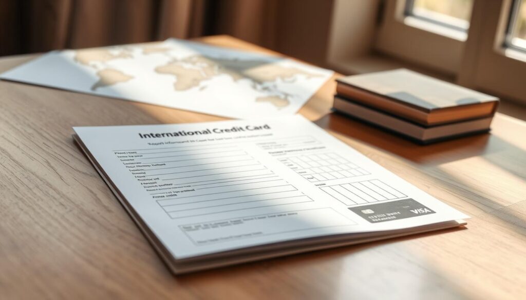 A detailed international credit card application form on a smooth wooden desk illuminated by soft natural lighting streaming through a nearby window The application features clear fields for personal information financial details and account preferences Elegant metallic accents on the card design suggest a premium high quality product In the background a map of the world subtly hints at the cards global capabilities The overall scene conveys a sense of professionalism sophistication and the ease of applying for an international credit card