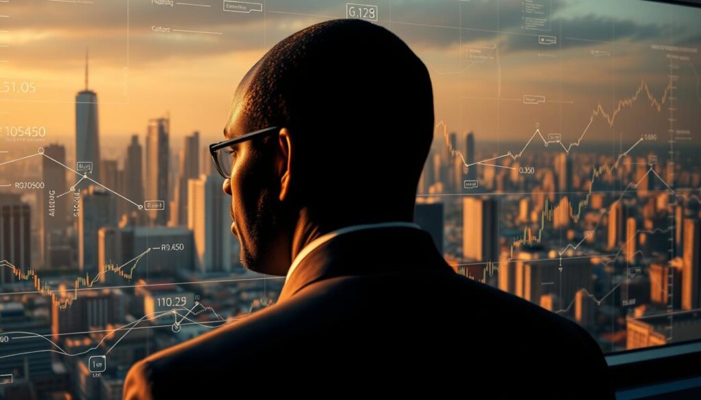A detailed technical illustration of CFA franc exchange rate mechanisms captured through the lens of a professional cinematographer In the foreground a central bank official diligently monitors currency exchange charts and graphs their expression contemplative The middle ground features a complex network of interconnected financial instruments lines and arrows depicting the intricate processes of exchange rate determination In the background a cityscape with towering skyscrapers represents the global financial landscape bathed in a warm golden light that infuses the scene with a sense of stability and prosperity The overall atmosphere conveys the gravity and importance of managing exchange rate dynamics within the CFA franc system