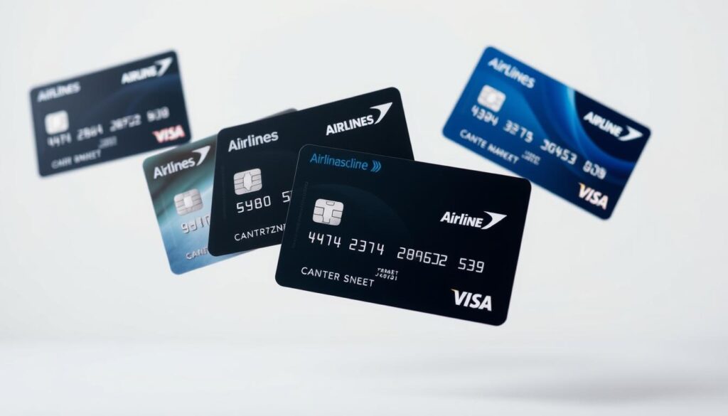 A high quality visual representation of various airline co branded credit cards against a clean minimalist background The cards are positioned in the foreground displaying their distinctive logos designs and features in a visually striking arrangement The middle ground showcases the cards in a dynamic floating composition emphasizing their sleek and modern aesthetic The background is softly blurred creating a sense of depth and highlighting the cards as the central focus The lighting is soft and diffused casting gentle shadows that accentuate the cards texture and materiality The overall mood is one of elegance sophistication and financial empowerment reflecting the versatility and benefits of these airline co branded cards for international travelers