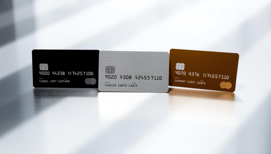 A modern minimalist still life arrangement showcasing several corporate credit cards on a sleek metallic surface The cards are positioned to create a visually appealing symmetrical composition with strategic lighting casting subtle shadows and highlights The cards are depicted in a range of colors including silver black and gold to represent the diversity of corporate card options The overall mood is professional polished and suggests the high end premium nature of the featured products A shallow depth of field keeps the cards in focus while blurring the background creating a sense of depth and emphasis on the central subject matter