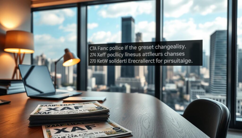 A modern office interior with large windows overlooking a bustling city skyline In the foreground a wooden desk displays a stack of documents some with the XAF currency logo A laptop and a stylish desk lamp provide a warm professional atmosphere In the middle ground a news ticker scrolls updates on changes to the Central African CFA franc policy captured in a high resolution photorealistic style with a shallow depth of field The background features a cityscape with towering skyscrapers hinting at the global economic context The lighting is soft and directional creating a sense of depth and emphasizing the documents on the desk