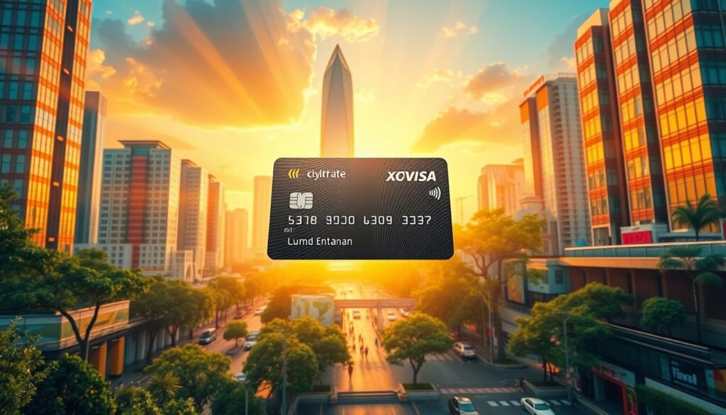 A modern virtual credit card floating amidst a dynamic cityscape showcasing its transformative benefits for Cameroonian consumers and businesses In the foreground the card hovers against a backdrop of vibrant skyscrapers lush greenery and bustling streets conveying a sense of urban progress and technology driven innovation Rays of warm golden light bathe the scene creating a visually striking and aspirational atmosphere The card itself is rendered with intricate detail highlighting its sleek design and secure features while the overall composition emphasizes the card's role in empowering Cameroonian financial growth and connectivity.