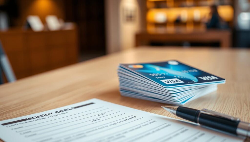 A neatly stacked pile of international credit cards sits atop a smooth wooden table bathed in warm diffused lighting In the foreground a pen and application form with various fields to fill out come into focus suggesting the process of applying for a global credit card The background fades softly hinting at a professional yet welcoming atmosphere perhaps in a bank or travel agency setting The overall composition conveys a sense of efficiency attention to detail and the excitement of embarking on international financial adventures
