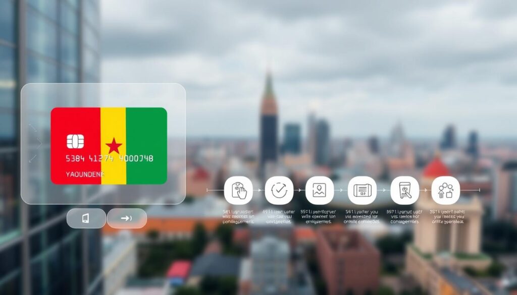 A sleek modern e commerce payment interface with intuitive controls and vibrant infographic elements The foreground showcases a virtual credit card with a Cameroonian flag design seamlessly integrated into a streamlined payment gateway In the middle ground a series of simple icons and illustrations depict the step by step process of setting up and completing a transaction The background features a blurred cityscape of Yaoundé the capital of Cameroon conveying a sense of technological progress and economic opportunity Soft diffused lighting enhances the professional yet approachable atmosphere The overall composition communicates the convenience security and reliability of Cameroon's e-commerce payment solutions.