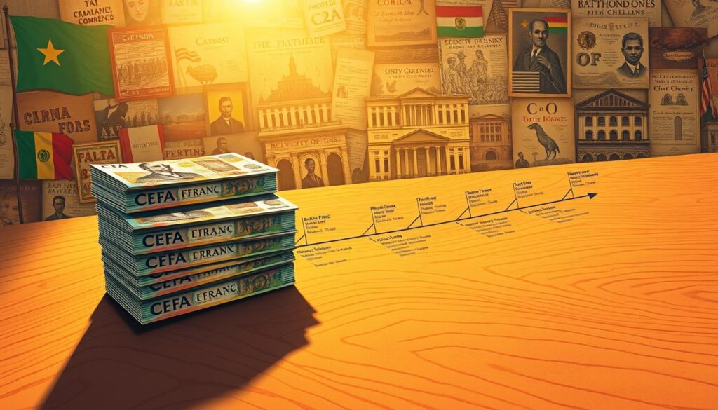 A vibrant and richly textured illustration of the evolution of the CFA franc in Cameroon In the foreground a stack of CFA banknotes in varying designs each representing a significant era casts intricate shadows across a smooth wood grain surface In the middle ground a timeline of events winds through the scene marked by key political and economic milestones that have shaped the currencys journey In the background a mosaic of historical imagery   colonial flags financial ledgers and symbolic imagery   creates a sense of depth and historical context The lighting is warm and evocative casting a golden glow that imbues the scene with a sense of timeless significance The overall composition conveys the CFA francs lasting impact on Cameroons monetary history