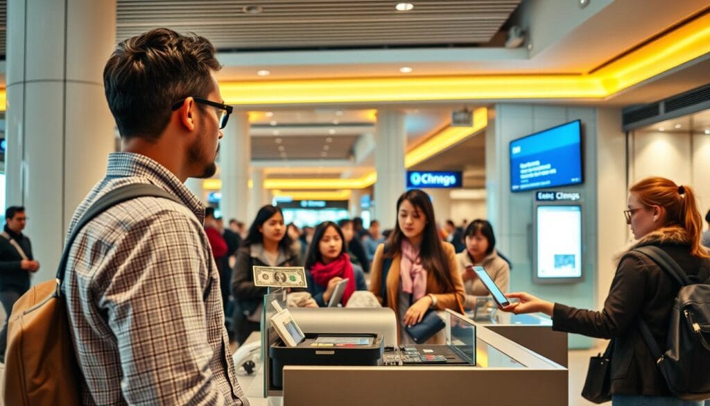 A well lit high resolution photograph of a currency exchange counter in a modern bustling urban setting The foreground features a traveler exchanging US dollars for local currency with the exchange teller standing behind a sleek glass topped counter In the middle ground other travelers wait in line their expressions focused and intent The background showcases the architectural details of the exchange office with clean lines warm lighting and a sense of efficiency and professionalism The overall atmosphere conveys a seamless stress free currency exchange experience for the American visitor
