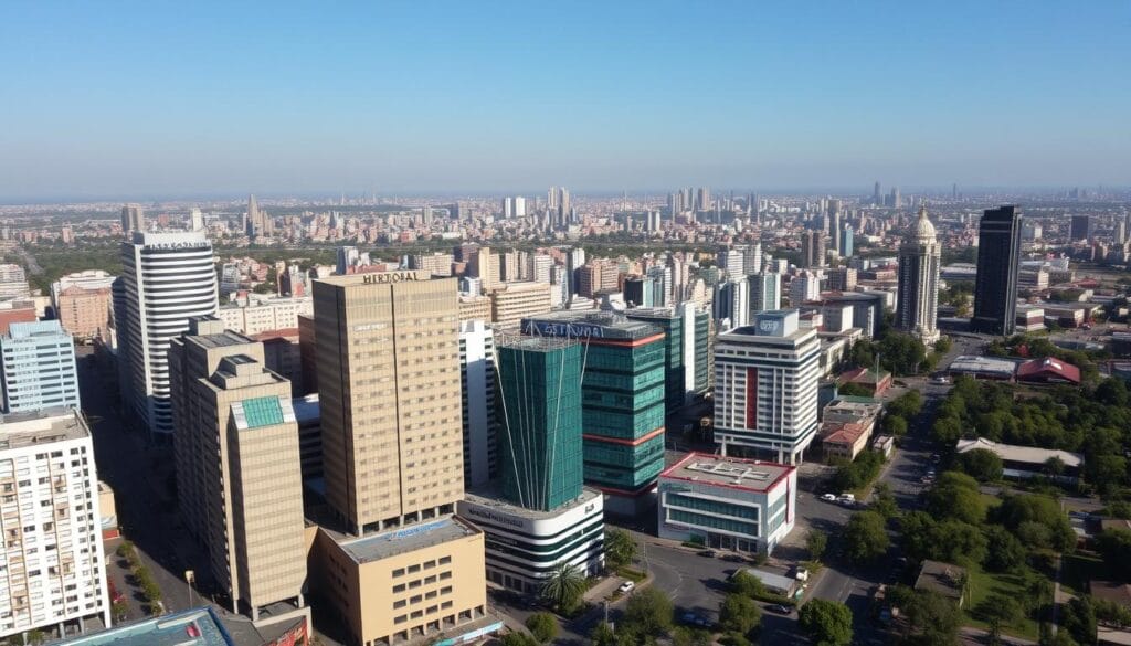 Addis Ababa financial district showing modern buildings and economic development in Ethiopia Addis Ababa financial district showing modern buildings and economic development in Ethiopia