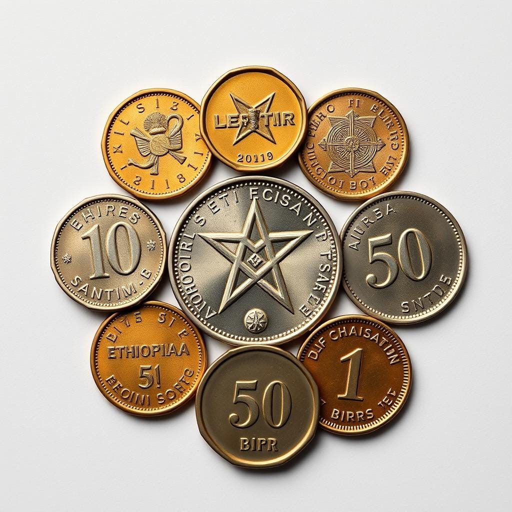 Current Ethiopian birr coins showing all denominations in circulation Current Ethiopian birr coins showing all denominations in circulation