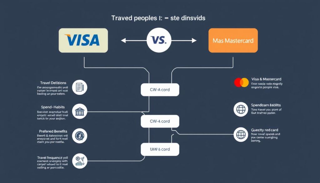Decision flowchart helping travelers choose between Visa and Mastercard based on travel style and destinations