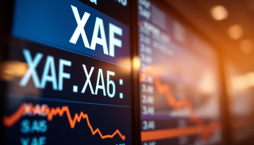 Detailed close up view of the XAF currency exchange rate display set against a blurred backdrop of a modern financial trading floor The screen showcases the latest XAF exchange figures presented in a clean data driven interface with clear typography Subtle warm lighting creates a professional authoritative atmosphere while the depth of field isolates the exchange rate as the focal point The overall composition conveys a sense of up to date financial information and currency market dynamics related to the Central African CFA franc