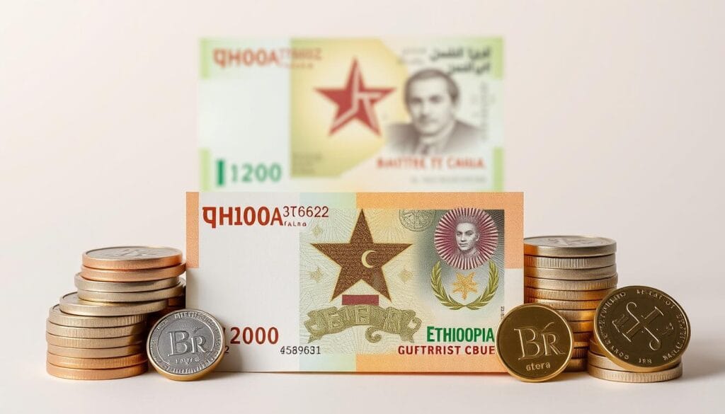 EthiopianbirrsymbolandbanknotesarrangedshowingthecurrencysymbolBrandብር Worldwide Currency Exchange Ethiopian birr symbol and banknotes arranged showing the currency symbol Br and ብር