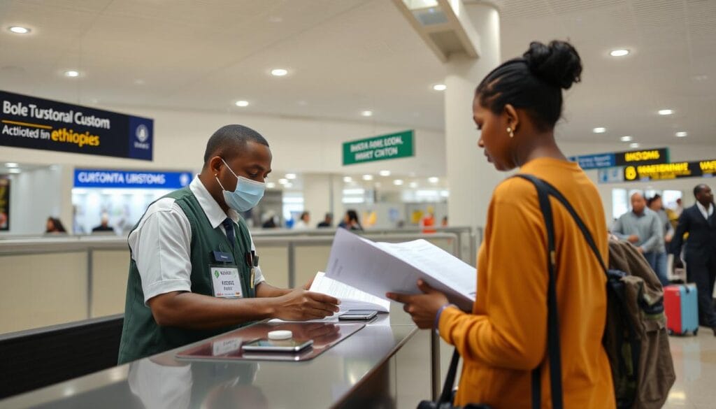 Ethiopian customs official checking currency declaration forms at Bole International Airport Ethiopian customs official checking currency declaration forms at Bole International Airport