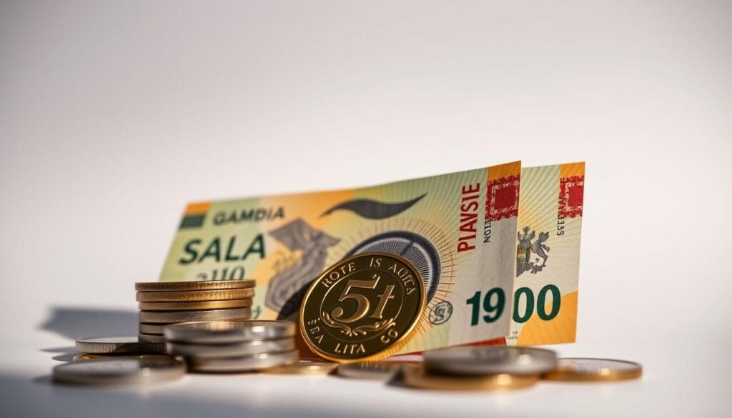 Highcontrast macro closeup photograph of Gambian dalasi banknotes and coins with the Gambian coat of arms prominently featured The bills and coins are neatly arranged against a clean minimal background illuminated by soft directional lighting that casts subtle shadows and highlights the intricate details and textures of the currency The overall composition is balanced with the subject matter filling the frame in an aesthetically pleasing manner The image conveys a sense of economic stability and confidence in Gambias monetary policy High contrast macro close up photograph of Gambian dalasi banknotes and coins with the Gambian coat of arms prominently featured The bills and coins are neatly arranged against a clean minimal background illuminated by soft directional lighting that casts subtle shadows and highlights the intricate details and textures of the currency The overall composition is balanced with the subject matter filling the frame in an aesthetically pleasing manner The image conveys a sense of economic stability and confidence in Gambias monetary policy