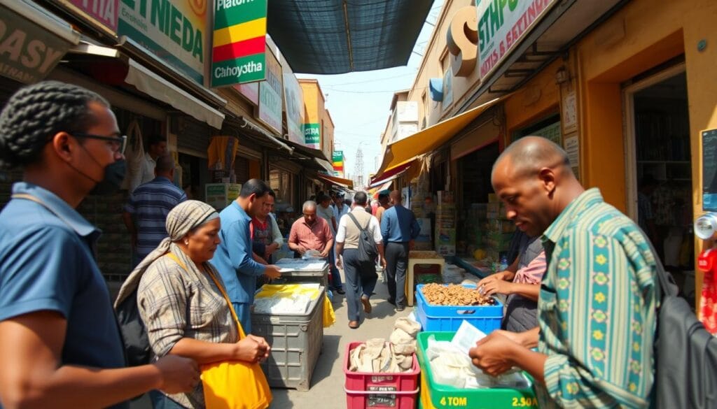 Modern Ethiopian marketplace with currency exchange and economic activity Modern Ethiopian marketplace with currency exchange and economic activity