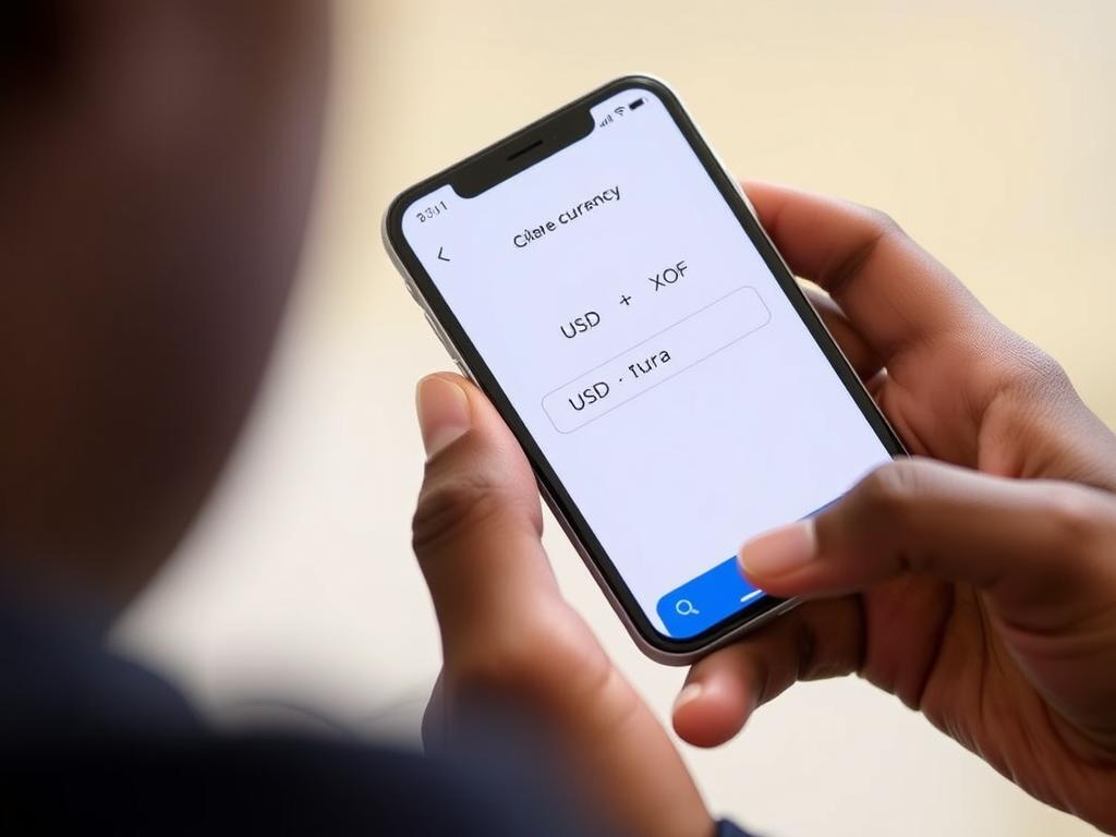 Person using mobile app to convert USD to West African CFA Franc