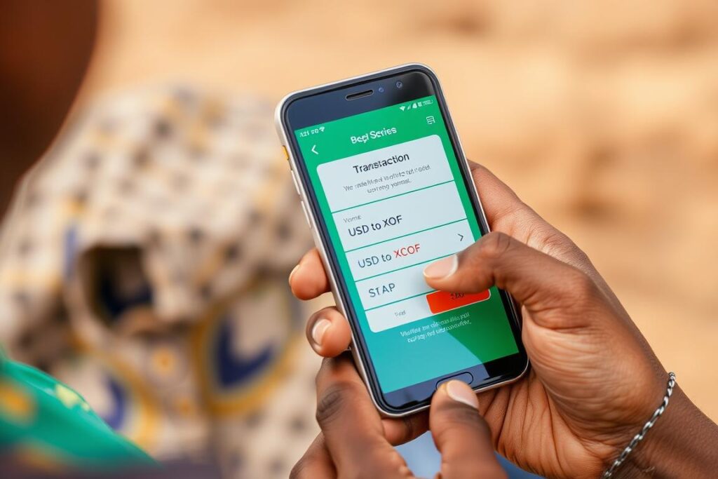 Person using mobile money service in West Africa for USD to XOF transaction