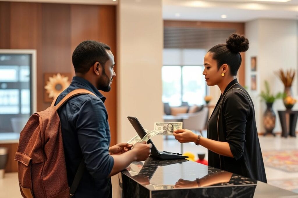 Tourist paying with US dollars at a hotel in Ethiopia Tourist paying with US dollars at a hotel in Ethiopia