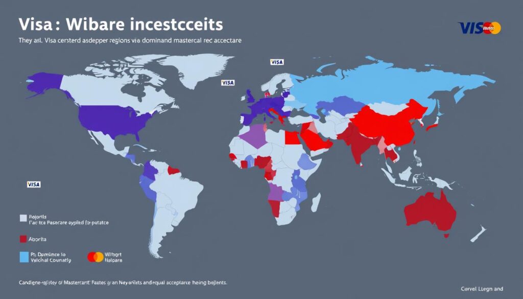 World map showing Visa vs Mastercard acceptance rates across different regions