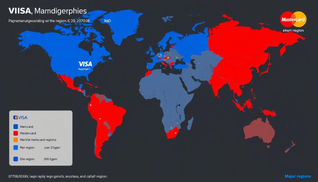World map showing regions where Visa or Mastercard has stronger presence or advantages