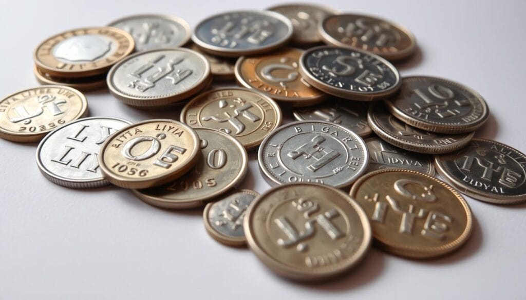 A close up view of an assortment of authentic Libyan coins in various denominations laid out on a clean neutral surface The coins are meticulously detailed showcasing the intricate designs and inscriptions that adorn their faces and edges The lighting is soft and even highlighting the subtle textures and reflective qualities of the metal The composition is balanced with the coins arranged in a visually appealing manner allowing the viewer to clearly see the different sizes and designs The overall mood is one of precision and attention to detail reflecting the importance of the Libyan currency and its role in the country's financial system.