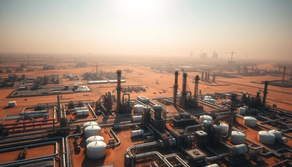 A sprawling oil refinery nestled in the arid Libyan desert surrounded by a hazy golden horizon In the foreground a labyrinth of pipes tanks and processing units gleaming under the scorching sun The middle ground features towering storage silos and cranes swinging massive cargos symbolizing the nation's reliance on crude oil exports. In the distance, a dusty skyline of city skyscrapers and industrial complexes, hinting at an economy heavily dependent on the volatile petroleum industry. The scene conveys a sense of both progress and vulnerability, as Libya's fortunes rise and fall with the global price of oil.
