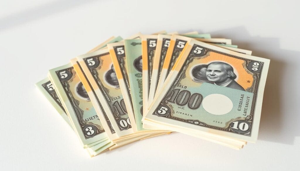 A stack of crisp Liberian dollar bills in natural lighting fanned out to showcase the intricate design and security features The bills are positioned on a neutral background with a clean minimalist composition that emphasizes the currency's distinctive appearance. The lighting is soft and diffused, highlighting the vibrant colors and fine details of the bills' ornate patterns and emblems. The overall mood is one of precision, authenticity, and the practical, everyday usage of the Liberian dollar in financial transactions.