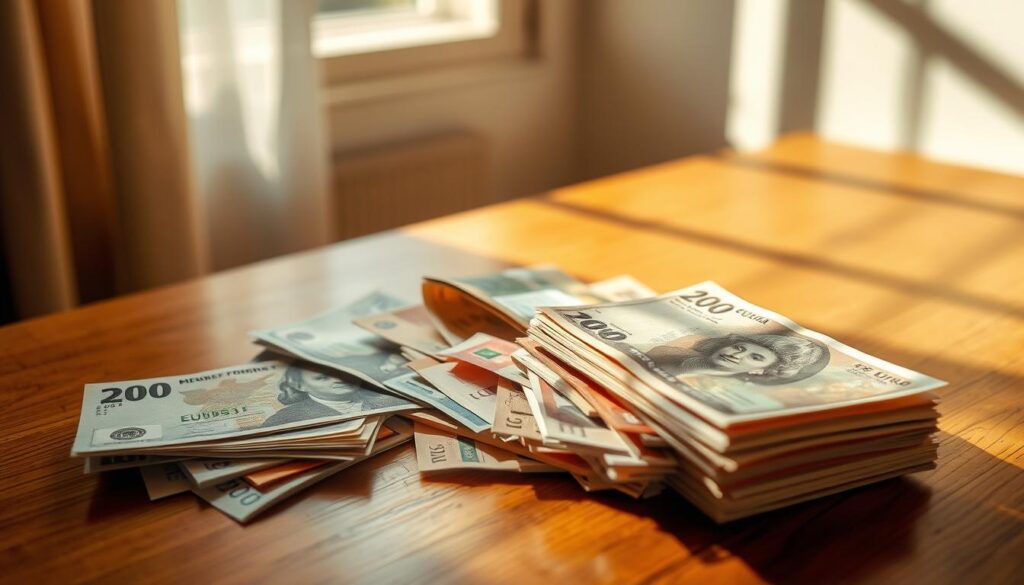 A stack of foreign currencies including US dollars Euros and British pounds lie scattered on a wooden table in a sun dappled room in Madagascar The bills are intermingled with local Malagasy ariary notes highlighting the diversity of currency used in the country Soft natural lighting filters through the window casting warm hues and gentle shadows across the scene The arrangement suggests a sense of financial exchange and the practical need to utilize both local and international tender when conducting business or traveling in this unique island nation