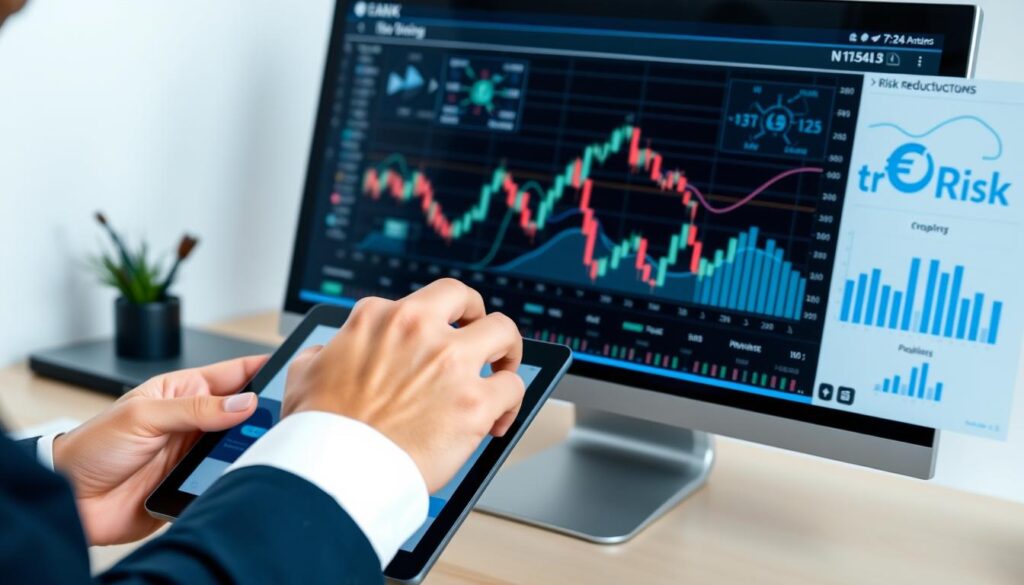 Business professional analyzing forward contract benefits with charts showing risk reduction