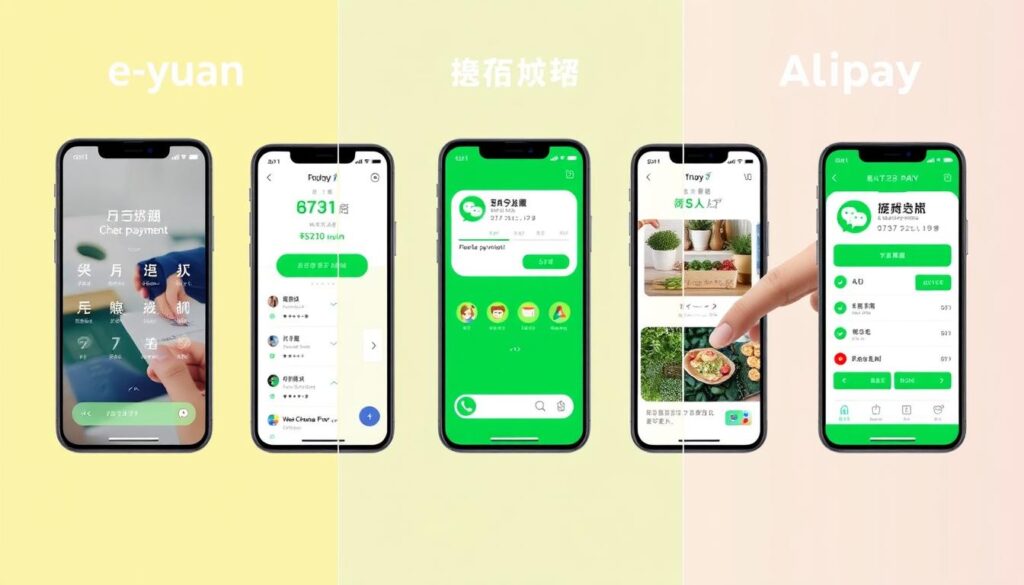 Comparison of E Yuan with WeChat Pay and Alipay showing interface similarities and differences