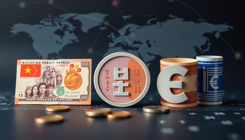 Global financial concept showing E Yuan alongside dollar euro and other currencies