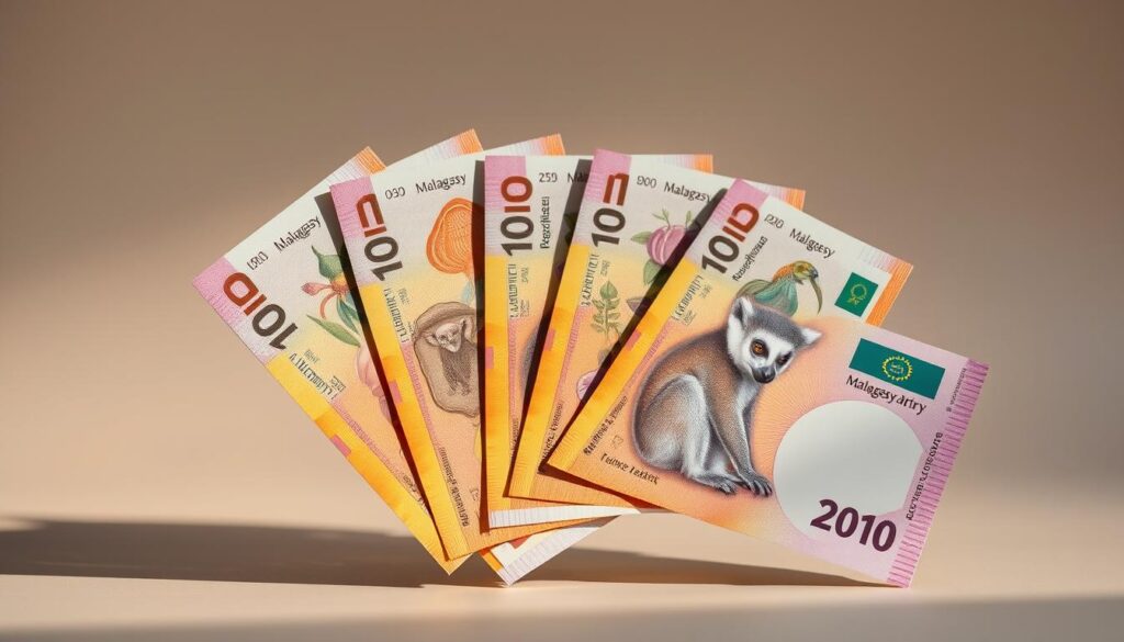 Malagasy Ariary banknotes in a well lit high resolution studio shot Crisp detailed bills showcasing distinct Malagasy cultural and wildlife motifs such as the national flower Ravenala and the iconic Lemur The bills are fanned out with subtle shadows and reflections creating a sense of depth and texture The background is a neutral slightly out of focus gradient allowing the banknotes to be the focal point Warm natural lighting accentuates the vibrant colors and intricate designs capturing the essence of the Malagasy Ariarys aesthetic and symbolism