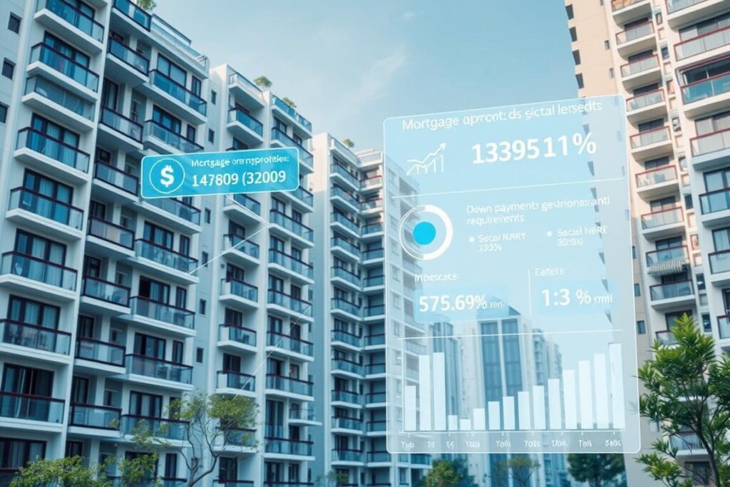 Modern Chinese apartment complex with visual overlay showing how social credit affects housing finance options