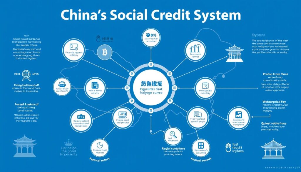 Visual representation of China's Social Credit System showing interconnected data points and financial metrics