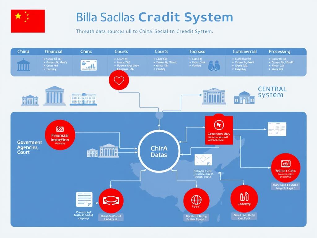Visualization of data sources feeding into Chinas Social Credit System including financial records court documents and regulatory compliance data